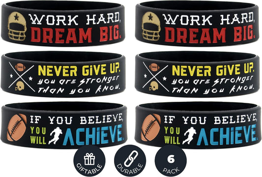 Football Motivational Wristbands Set (6-Pack) with Sports Quotes - Football Gifts for Players - Unisex Accessories for Men, Women, Youth, Teen Girls, Boys - Team Awards & Party Favors
