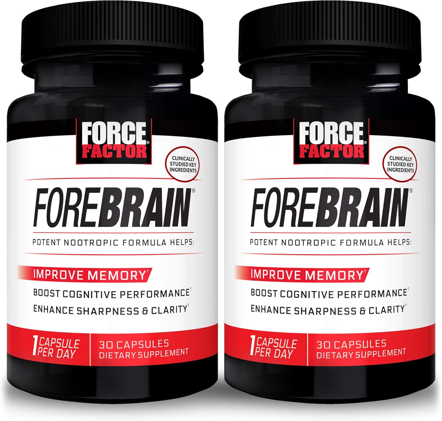 FORCE FACTOR Forebrain Nootropic Brain Supplement 2-Pack - Memory, Focus, Energy - Caffeine, Bacopa, Huperzine A - 60 Capsules