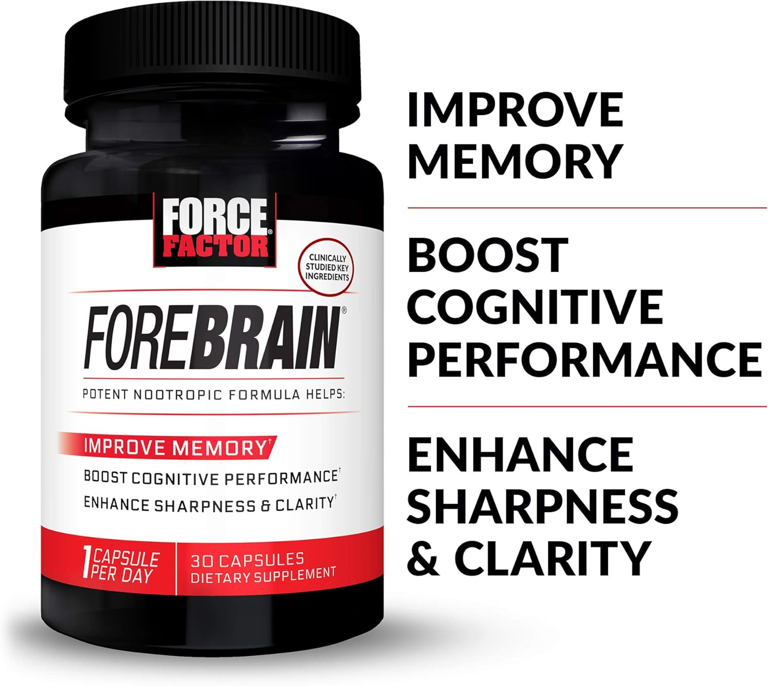 FORCE FACTOR Forebrain Nootropic Brain Supplement 2-Pack - Memory, Focus, Energy - Caffeine, Bacopa, Huperzine A - 60 Capsules