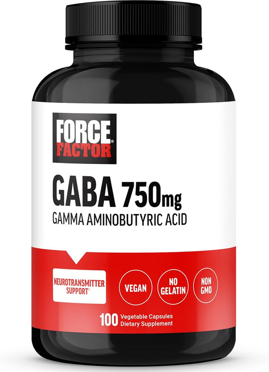 Force Factor GABA 750mg Capsules - Vegan & Non-GMO Supplement for Calm, Relaxation, Sleep, and Focus with Neurotransmitter Support - 100 Capsules