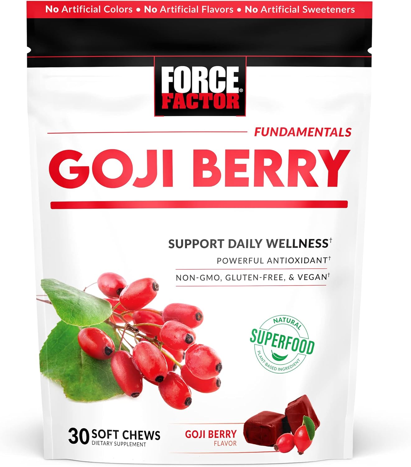 FORCE FACTOR Goji Berry Soft Chews: Superfood Antioxidant Supplement for Healthy Eyes, Skin, Immune Health, and Inflammation - Non-GMO, Gluten-Free, Vegan - 30 Chews