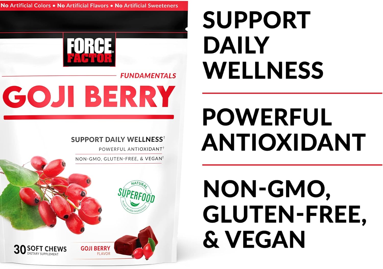 FORCE FACTOR Goji Berry Soft Chews: Superfood Antioxidant Supplement for Healthy Eyes, Skin, Immune Health, and Inflammation - Non-GMO, Gluten-Free, Vegan - 30 Chews