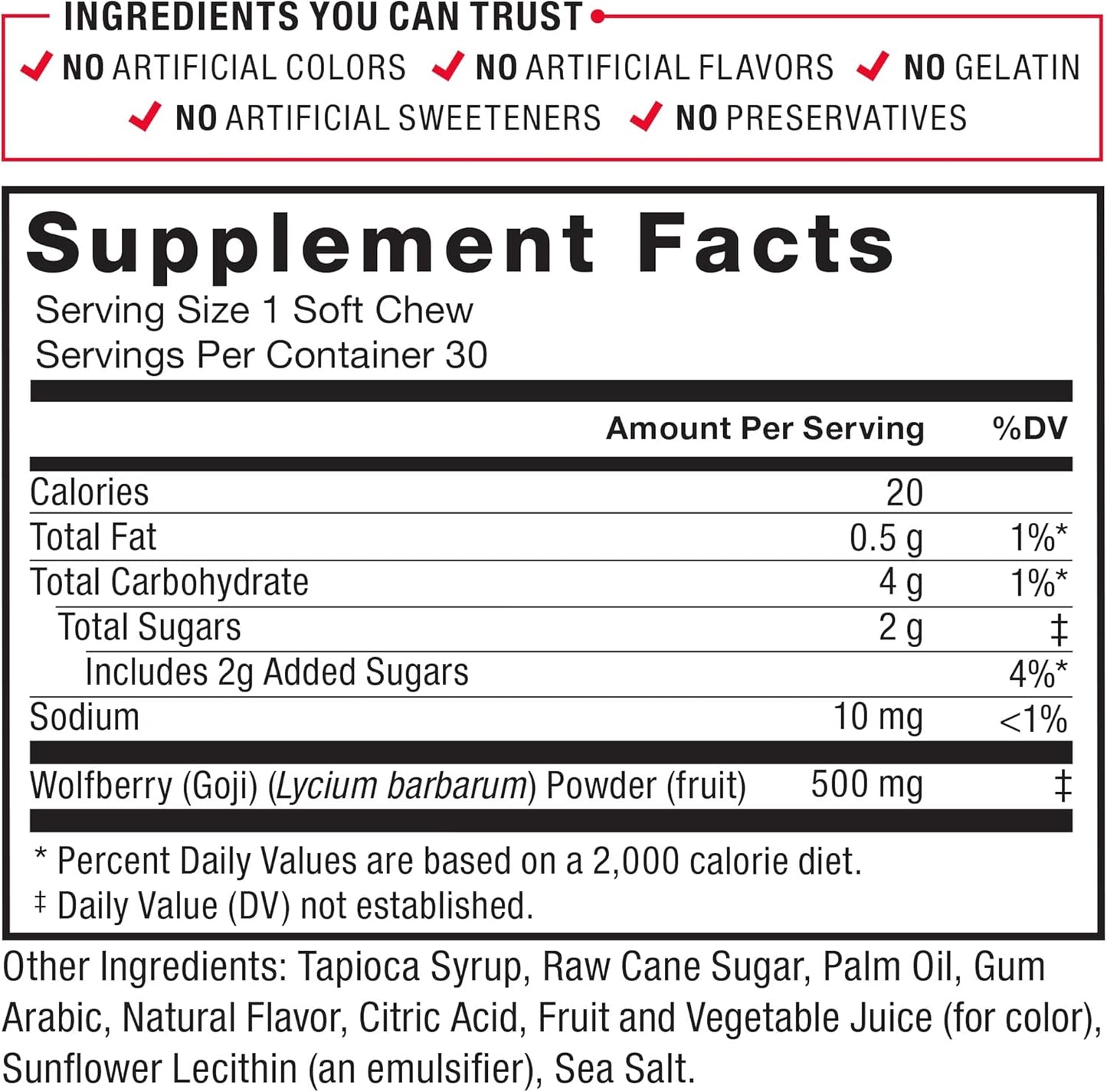 FORCE FACTOR Goji Berry Soft Chews: Superfood Antioxidant Supplement for Healthy Eyes, Skin, Immune Health, and Inflammation - Non-GMO, Gluten-Free, Vegan - 30 Chews