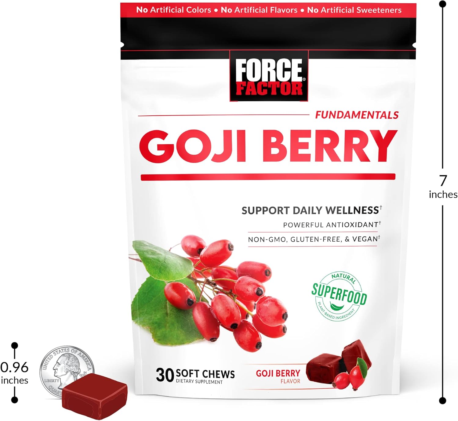 FORCE FACTOR Goji Berry Soft Chews: Superfood Antioxidant Supplement for Healthy Eyes, Skin, Immune Health, and Inflammation - Non-GMO, Gluten-Free, Vegan - 30 Chews