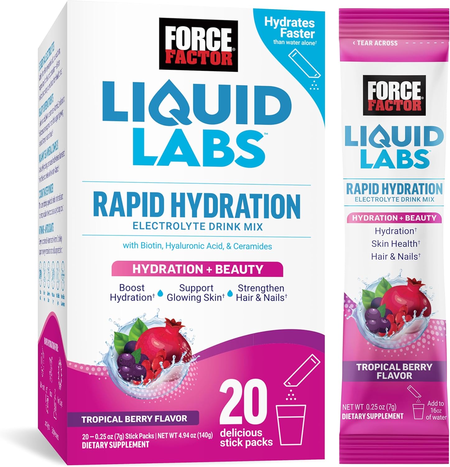 Force Factor Liquid Labs Beauty Hydration Packets - Strengthen Hair, Skin & Nails with Electrolytes, Hyaluronic Acid, Biotin, and Ceramides - Tropical Berry Flavor, 20 Sticks