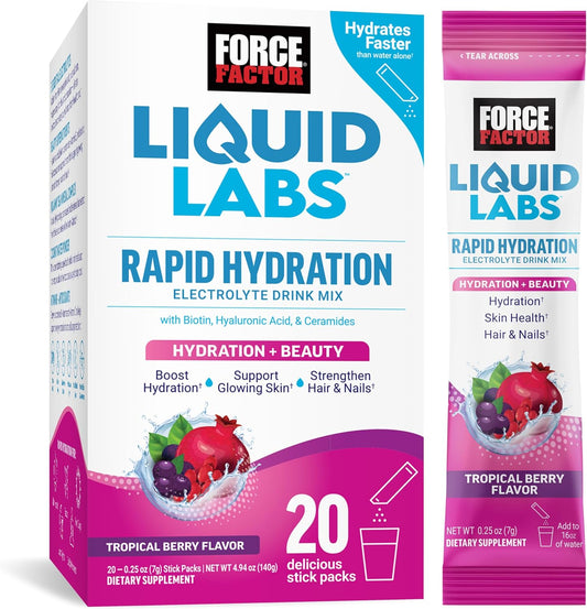 Force Factor Liquid Labs Beauty Hydration Packets - Strengthen Hair, Skin & Nails with Electrolytes, Hyaluronic Acid, Biotin, and Ceramides - Tropical Berry Flavor, 20 Sticks