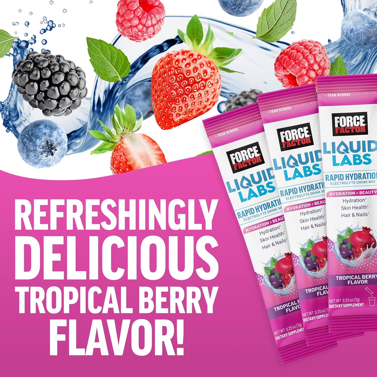 Force Factor Liquid Labs Beauty Hydration Packets - Strengthen Hair, Skin & Nails with Electrolytes, Hyaluronic Acid, Biotin, and Ceramides - Tropical Berry Flavor, 20 Sticks