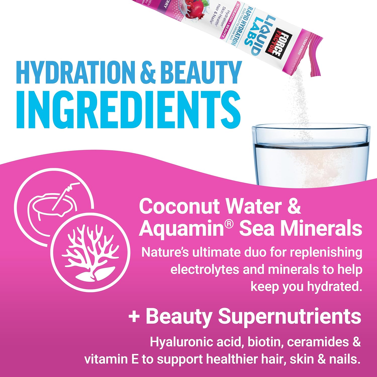 Force Factor Liquid Labs Beauty Hydration Packets - Strengthen Hair, Skin & Nails with Electrolytes, Hyaluronic Acid, Biotin, and Ceramides - Tropical Berry Flavor, 20 Sticks