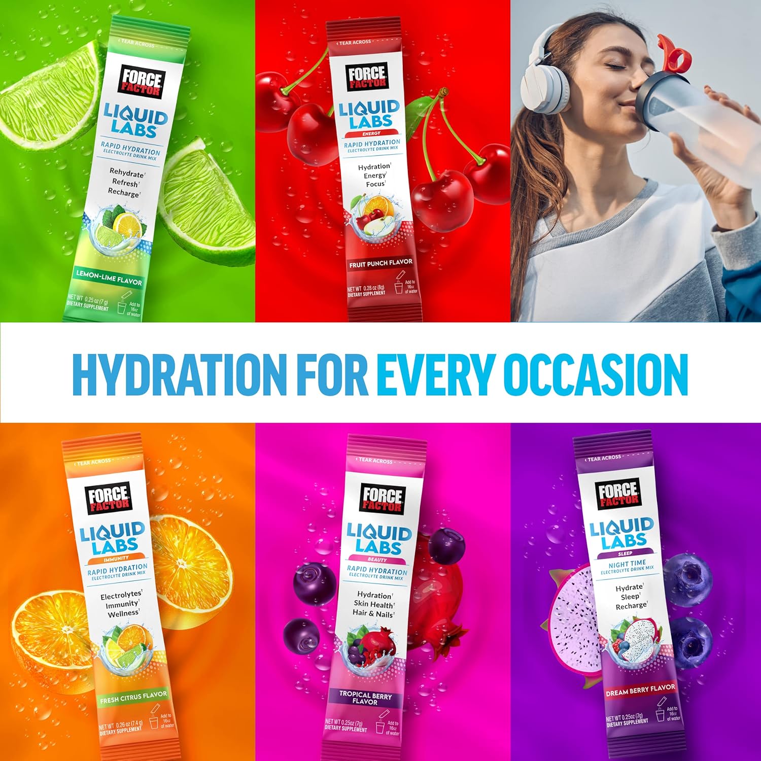 FORCE FACTOR Liquid Labs Electrolytes Powder Bundle: Hydration Packets with Vitamins, Minerals, Antioxidants - Lemon-Lime & Tropical Fruit Flavors, 40 Stick Packs