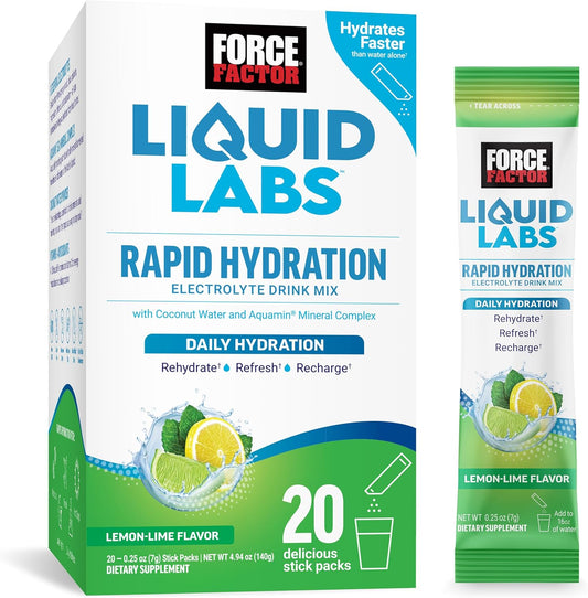 FORCE FACTOR Liquid Labs Electrolytes Powder Packets - Lemon Lime Flavor - Hydration Packets with Essential Electrolytes, Vitamins, Minerals, and Antioxidants - 20 Stick Packs for Electrolyte Water