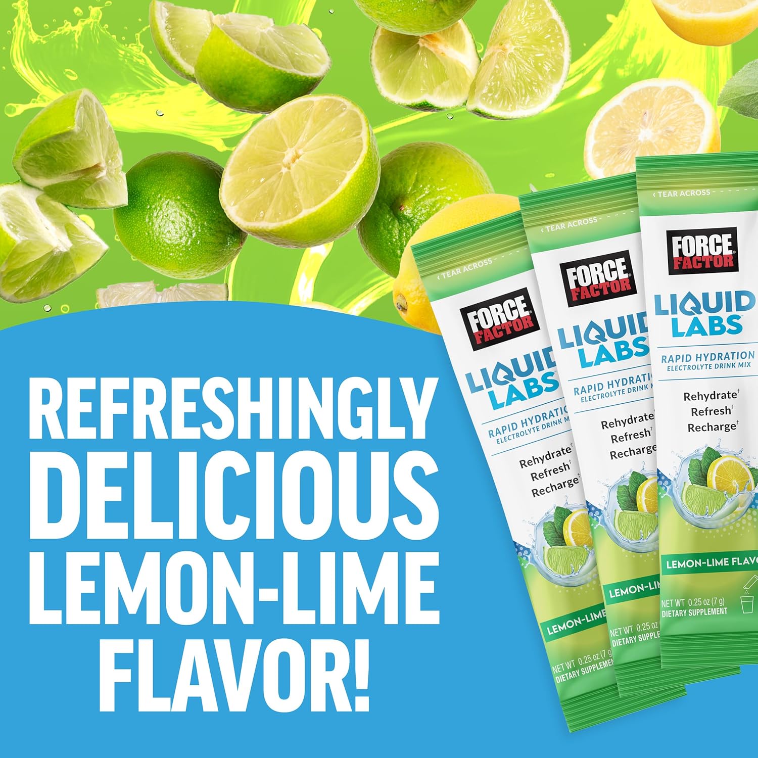 FORCE FACTOR Liquid Labs Electrolytes Powder Packets - Lemon Lime Flavor - Hydration Packets with Essential Electrolytes, Vitamins, Minerals, and Antioxidants - 20 Stick Packs for Electrolyte Water