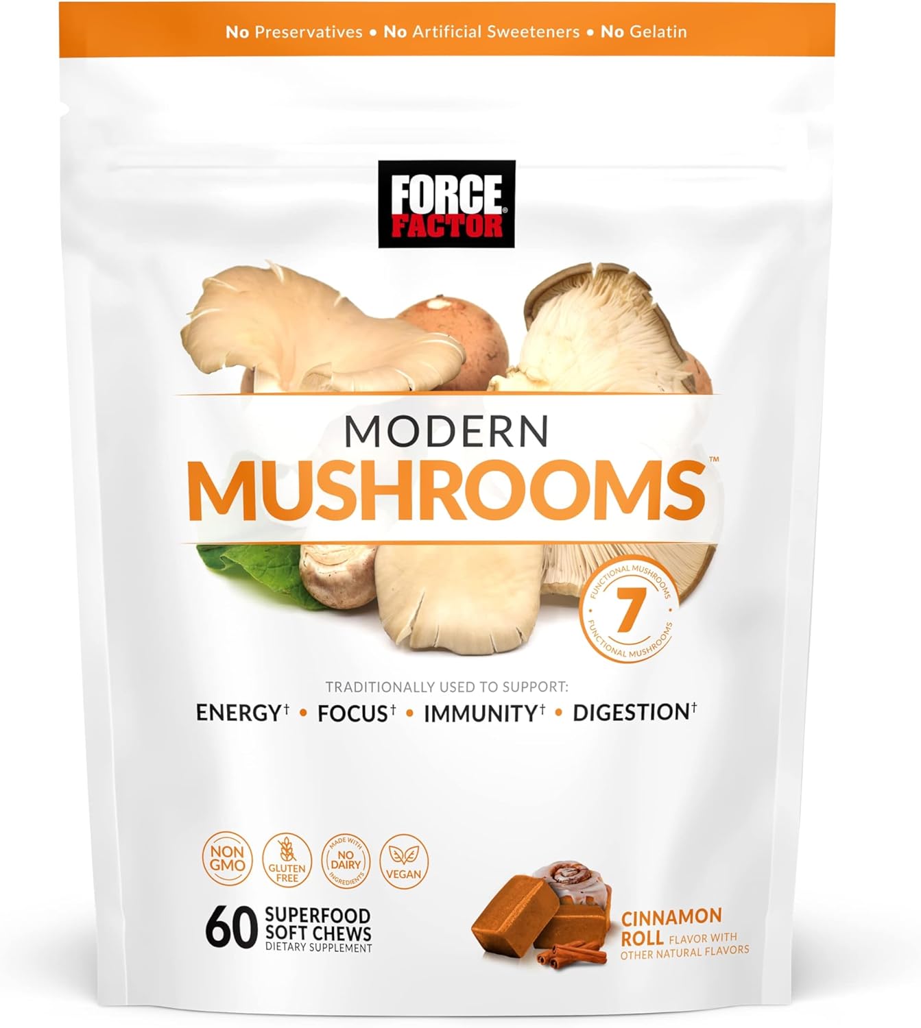 Force Factor Modern Mushrooms Soft Chews - Energy, Focus, Immunity, Digestion Support with Lions Mane, Turkey Tail, & Cordyceps - Cinnamon Roll - 60 Chews