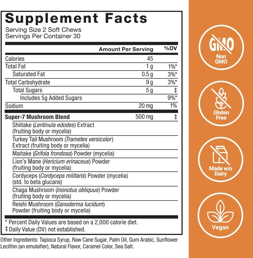 Force Factor Modern Mushrooms Soft Chews - Energy, Focus, Immunity, Digestion Support with Lions Mane, Turkey Tail, & Cordyceps - Cinnamon Roll - 60 Chews
