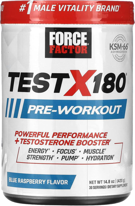 FORCE FACTOR Test X180 Pre-Workout Powder: Boost Focus, Endurance, & Muscle Strength with Nitric Oxide & Energy Supplement - Blue Raspberry, 30 Servings