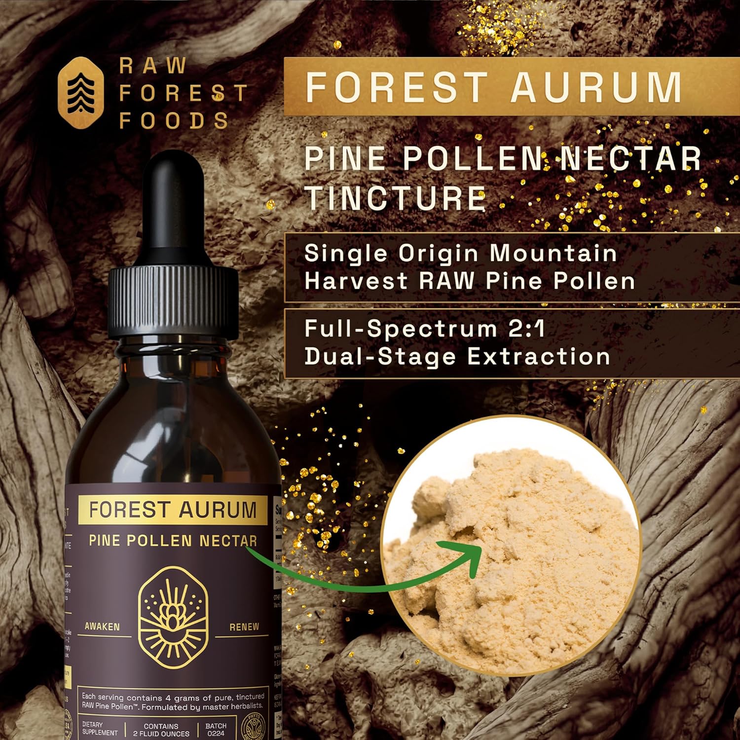 Forest Aurum Pine Pollen Nectar Tincture - 2:1 Dual-Stage Extract - Pure Pine Pollen Tincture - 2 oz Bottle