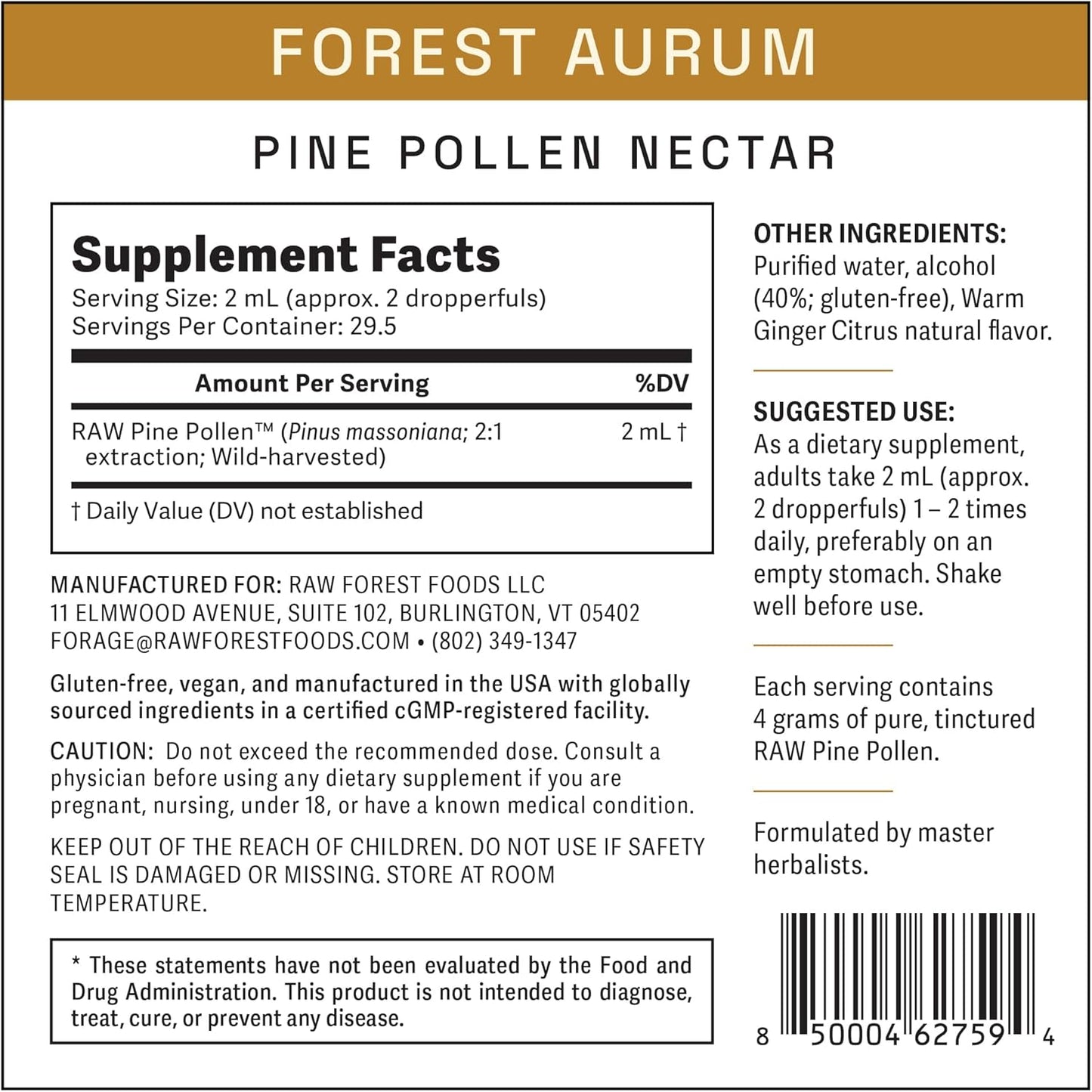 Forest Aurum Pine Pollen Nectar Tincture - 2:1 Dual-Stage Extract - Pure Pine Pollen Tincture - 2 oz Bottle