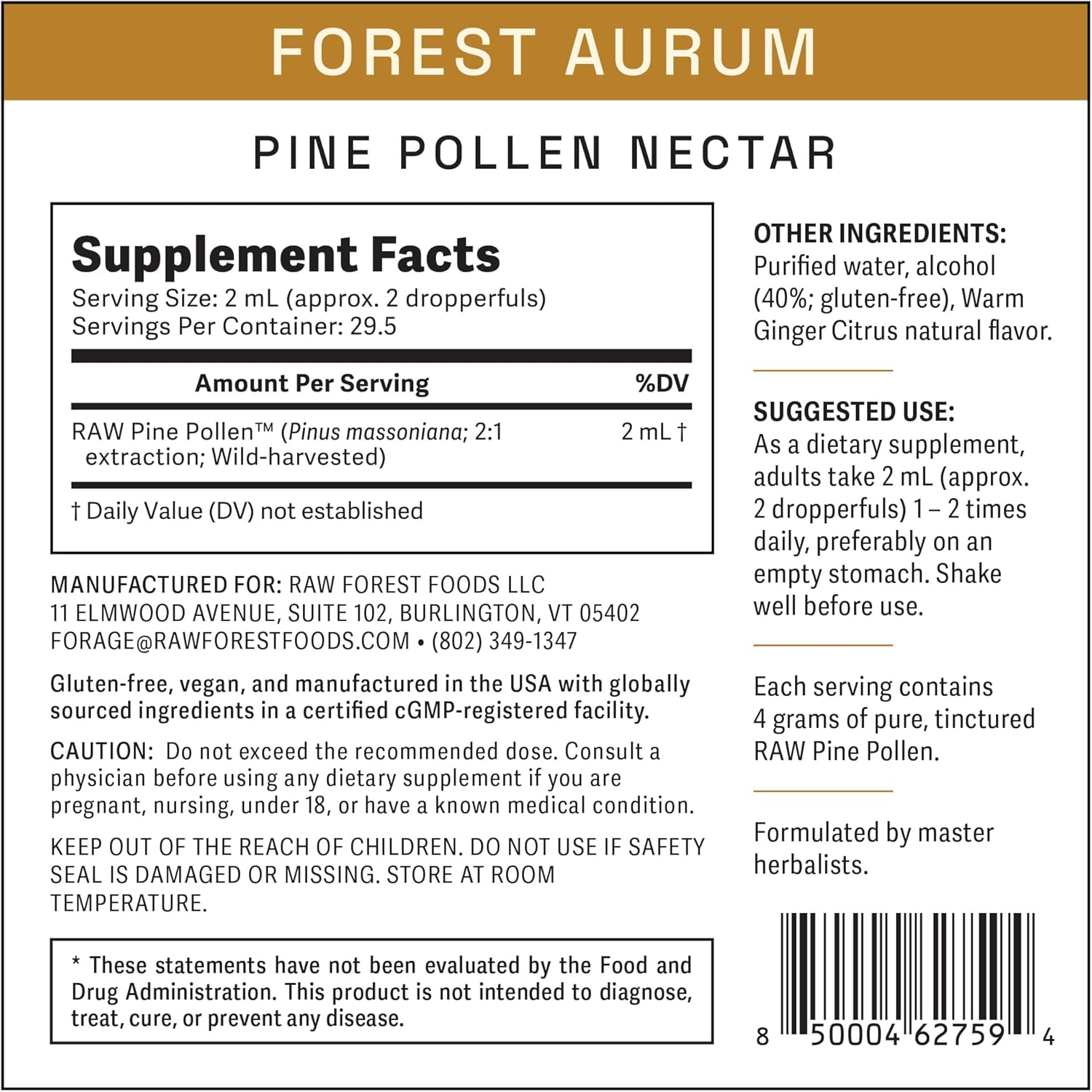 Forest Aurum Pine Pollen Nectar Tincture - 2:1 Dual-Stage Extract - Pure Pine Pollen Tincture - 2 oz Bottle