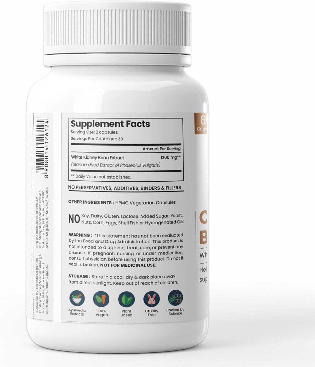 Foresta Organics White Kidney Bean Extract Carb Blocker Supplement - 60 Count Pack - Carbohydrate Blocker for Weight Loss