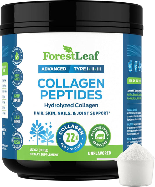 ForestLeaf Collagen Peptides Powder - Unflavored Hydrolyzed Protein Type 1, 2, & 3 - Grass Fed Keto Formula for Hair, Skin, Nails, Joints - 11g Per Serving - Men & Women's Vital Recovery Supplement
