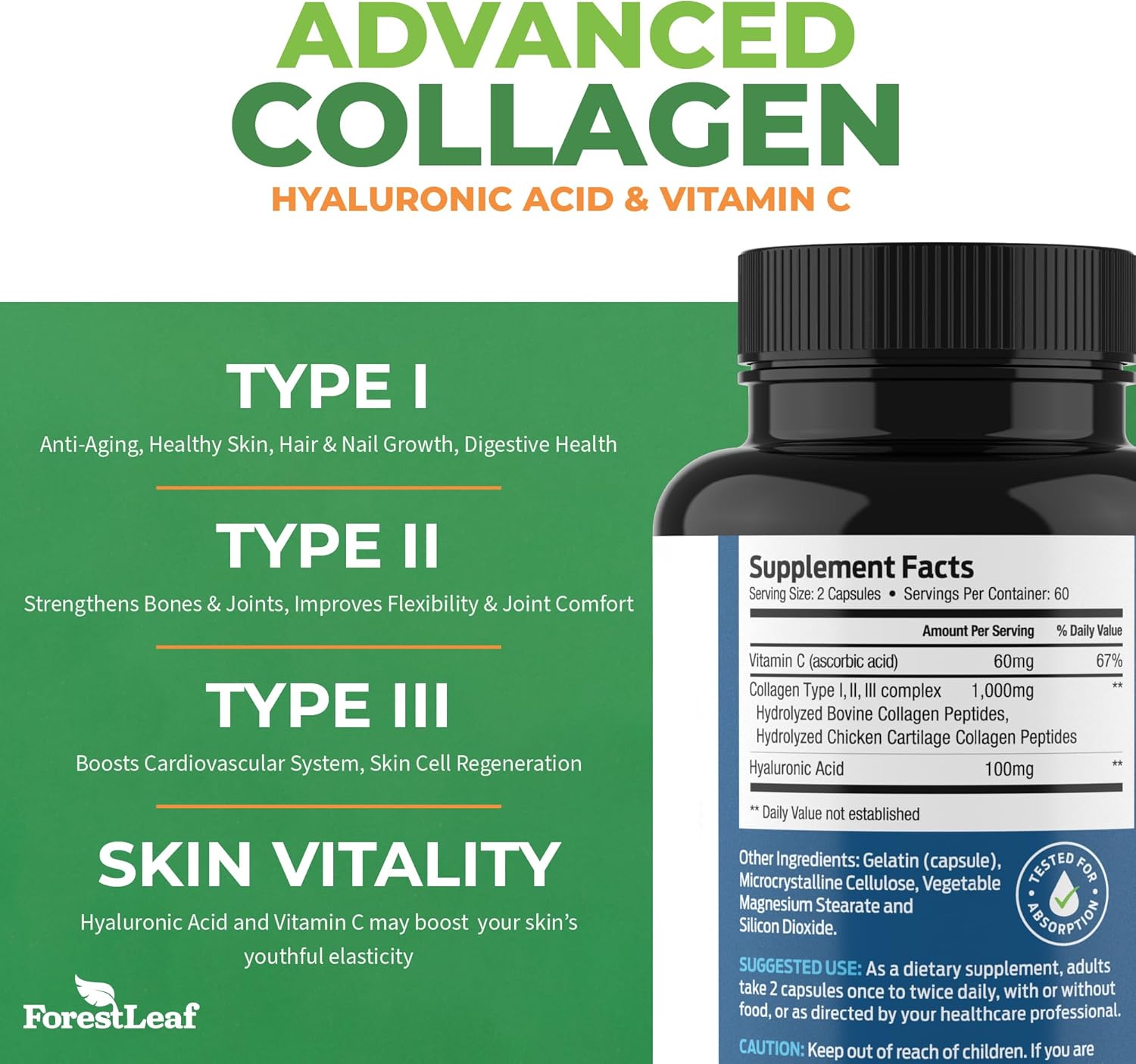 ForestLeaf Multi Collagen Pills with Hyaluronic Acid & Vitamin C - Hydrolyzed Capsules for Skin, Wrinkles - 120 Caps - Men & Women
