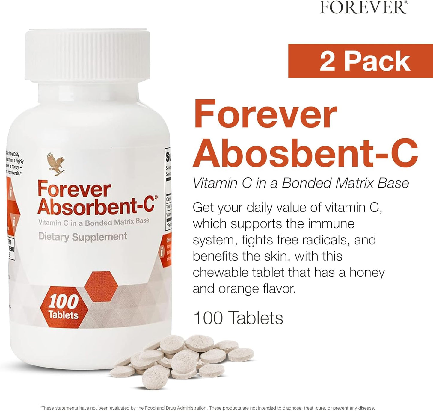 Forever Living Absorbent-C Chewable Tablets - Orange Honey Flavor with Oat Bran - Vitamin C for Immune Support & Skin Health - 200 Tablets