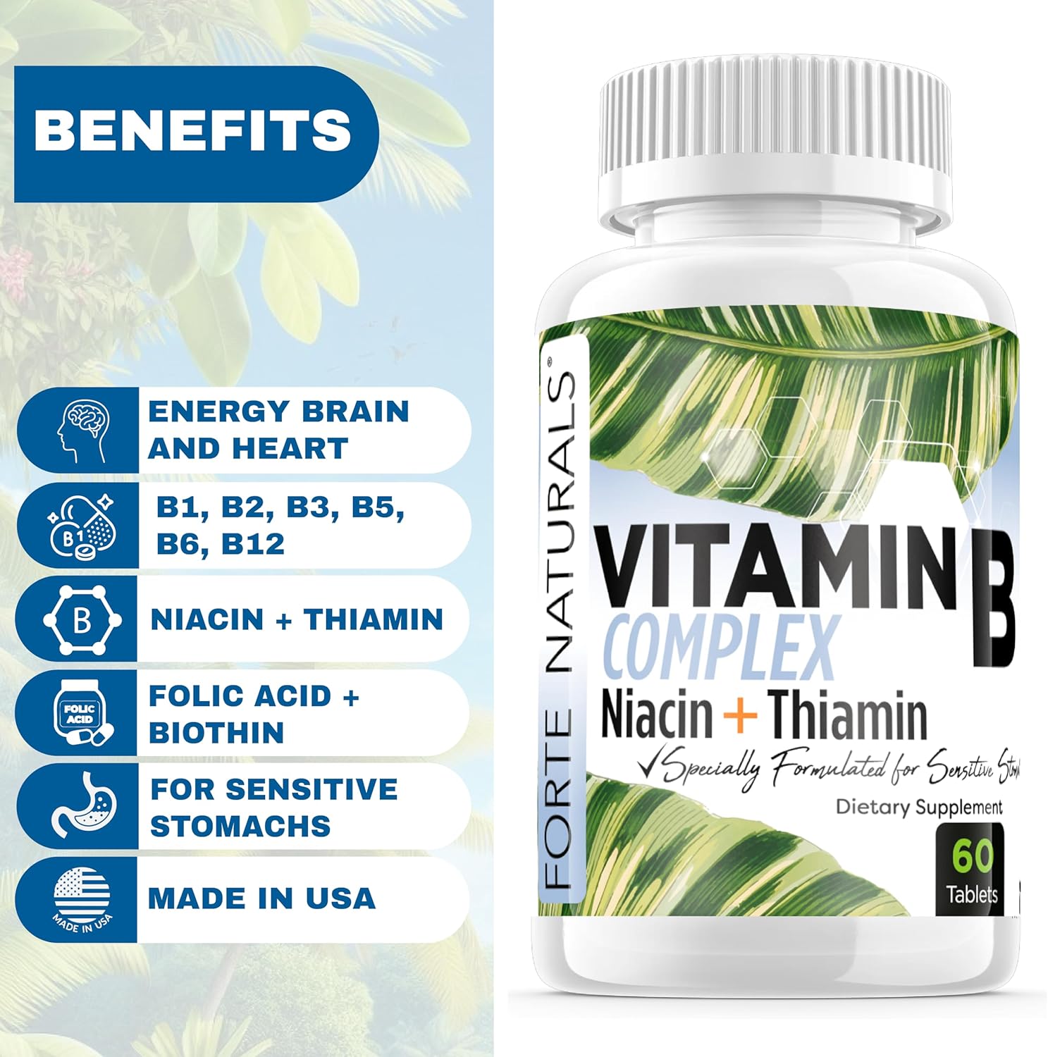 Forte Naturals Biotin Vitamin B Complex Supplement with Vitamin B12 for Energy and Mood Support, Prenatal and Postnatal with Folic Acid and B Vitamins