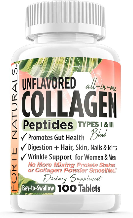 FORTE NATURALS Collagen Peptide Pills 100 Tablets - Easy Swallow Protein Capsules for Keto - No Mixing Shakes Required