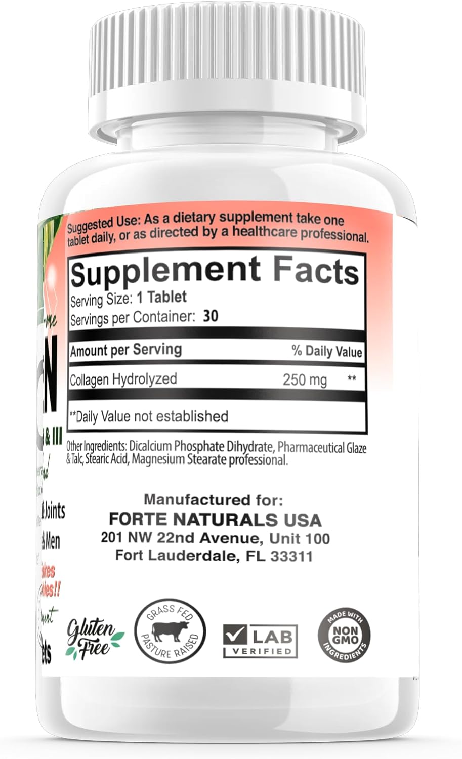 FORTE NATURALS Collagen Peptide Pills 100 Tablets - Easy Swallow Protein Capsules for Keto - No Mixing Shakes Required