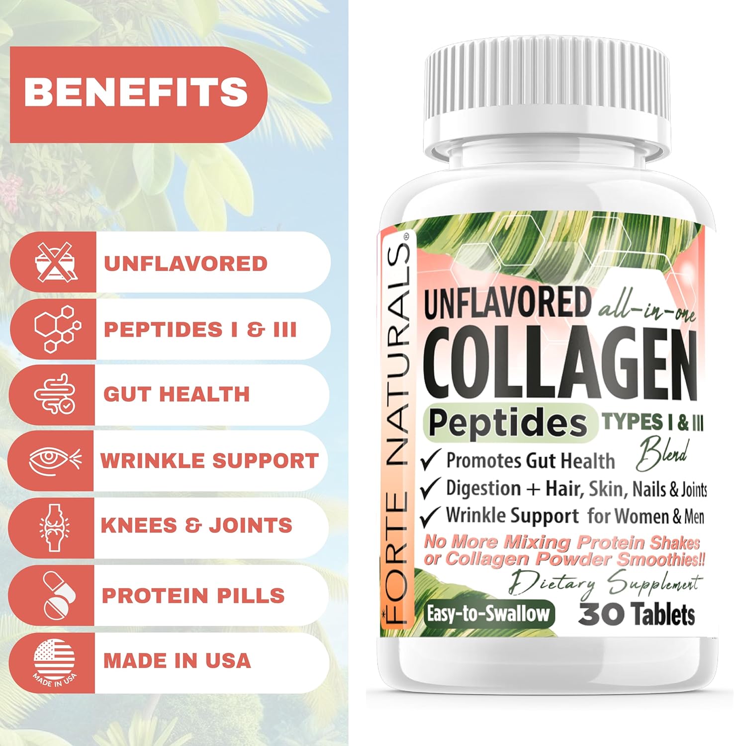 FORTE NATURALS Collagen Peptide Pills 100 Tablets - Easy Swallow Protein Capsules for Keto - No Mixing Shakes Required
