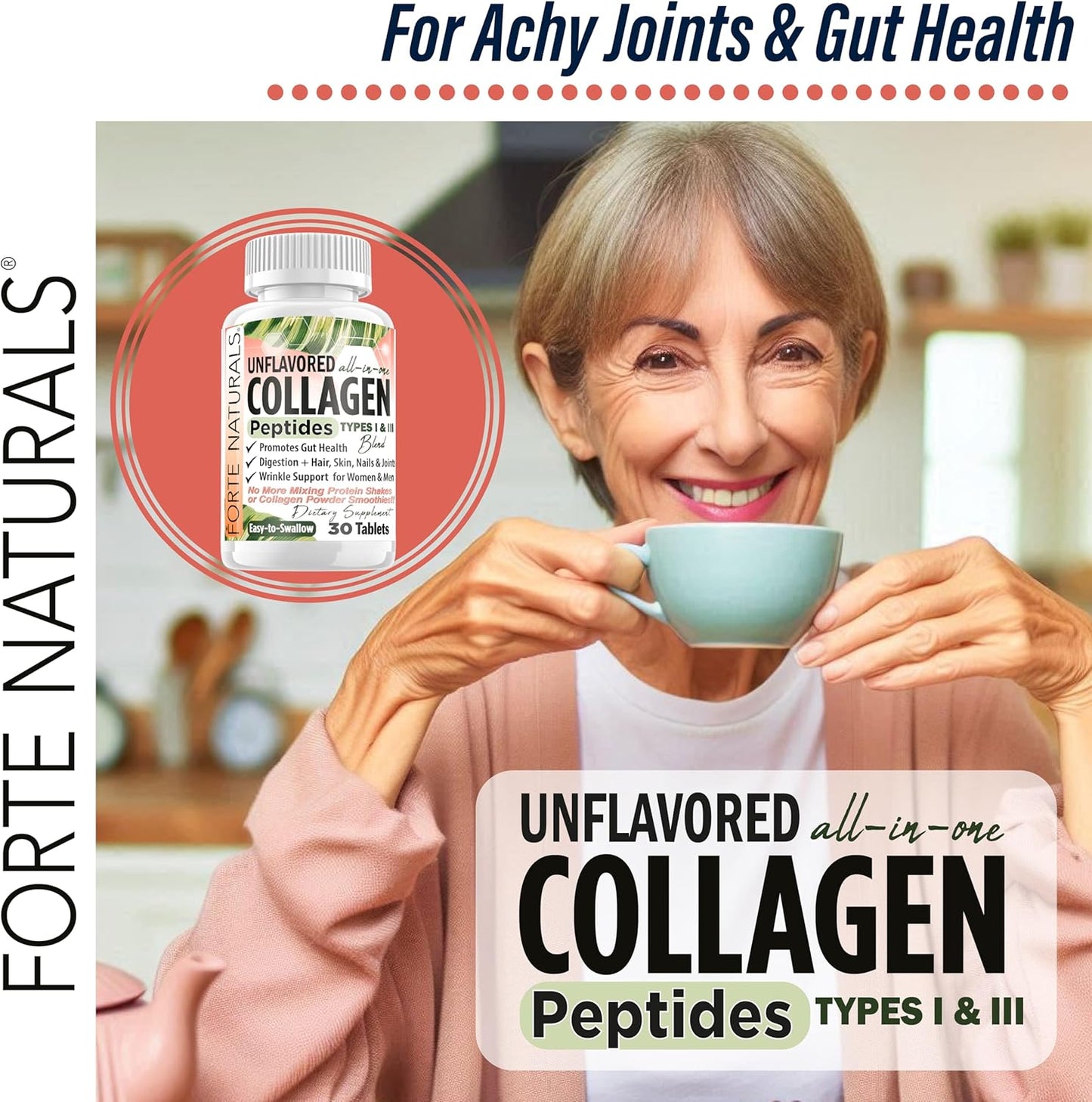 FORTE NATURALS Collagen Peptide Pills 100 Tablets - Easy Swallow Protein Capsules for Keto - No Mixing Shakes Required