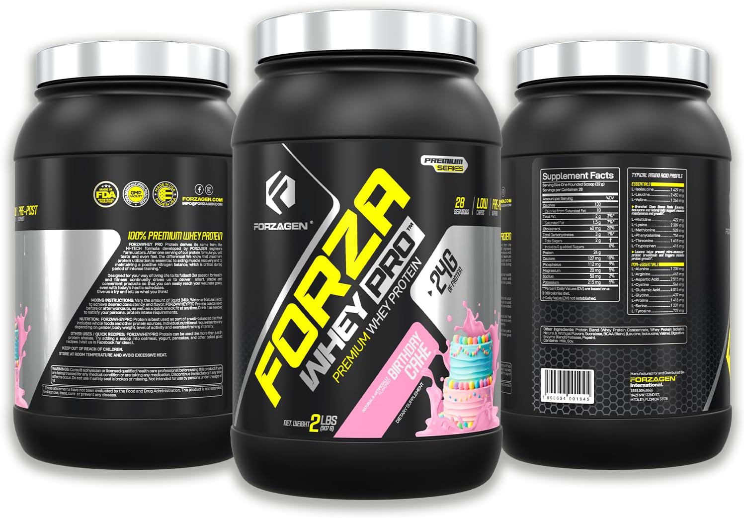 Forzagen Whey PRO Low Carb Protein Powder Birthday Cake Flavor | 24g Protein per Serving, Gluten Free, No Added Sugar | 2 lbs. (28 Servings)