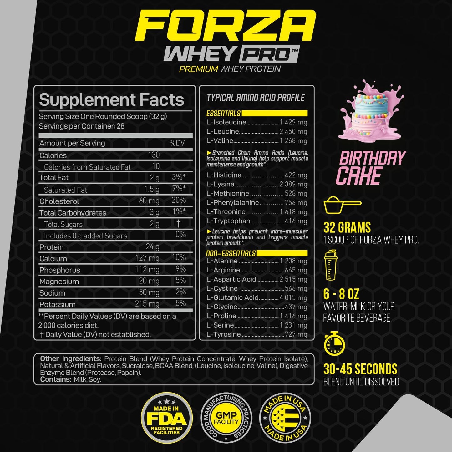 Forzagen Whey PRO Low Carb Protein Powder Birthday Cake Flavor | 24g Protein per Serving, Gluten Free, No Added Sugar | 2 lbs. (28 Servings)