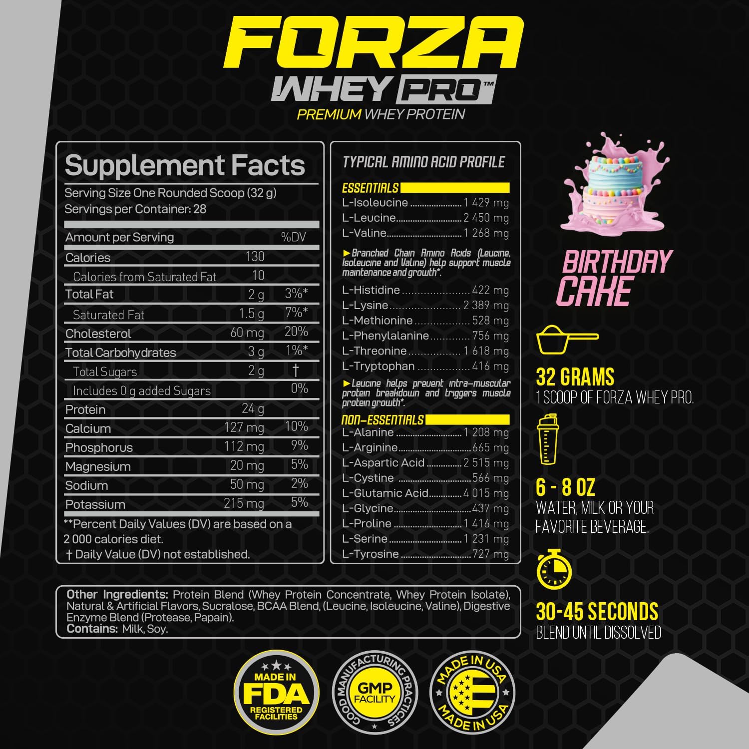 Forzagen Whey PRO Low Carb Protein Powder Birthday Cake Flavor | 24g Protein per Serving, Gluten Free, No Added Sugar | 2 lbs. (28 Servings)