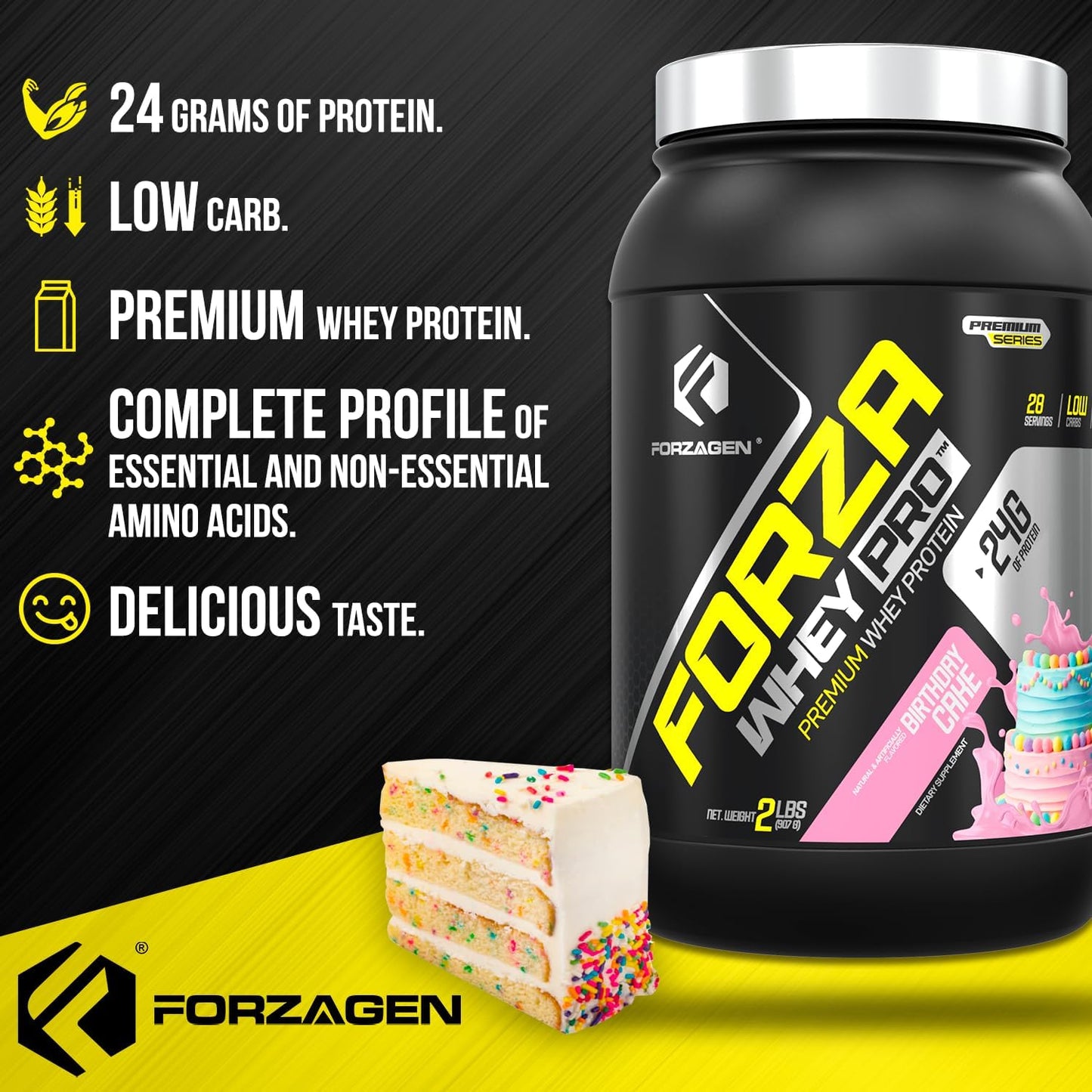 Forzagen Whey PRO Low Carb Protein Powder Birthday Cake Flavor | 24g Protein per Serving, Gluten Free, No Added Sugar | 2 lbs. (28 Servings)