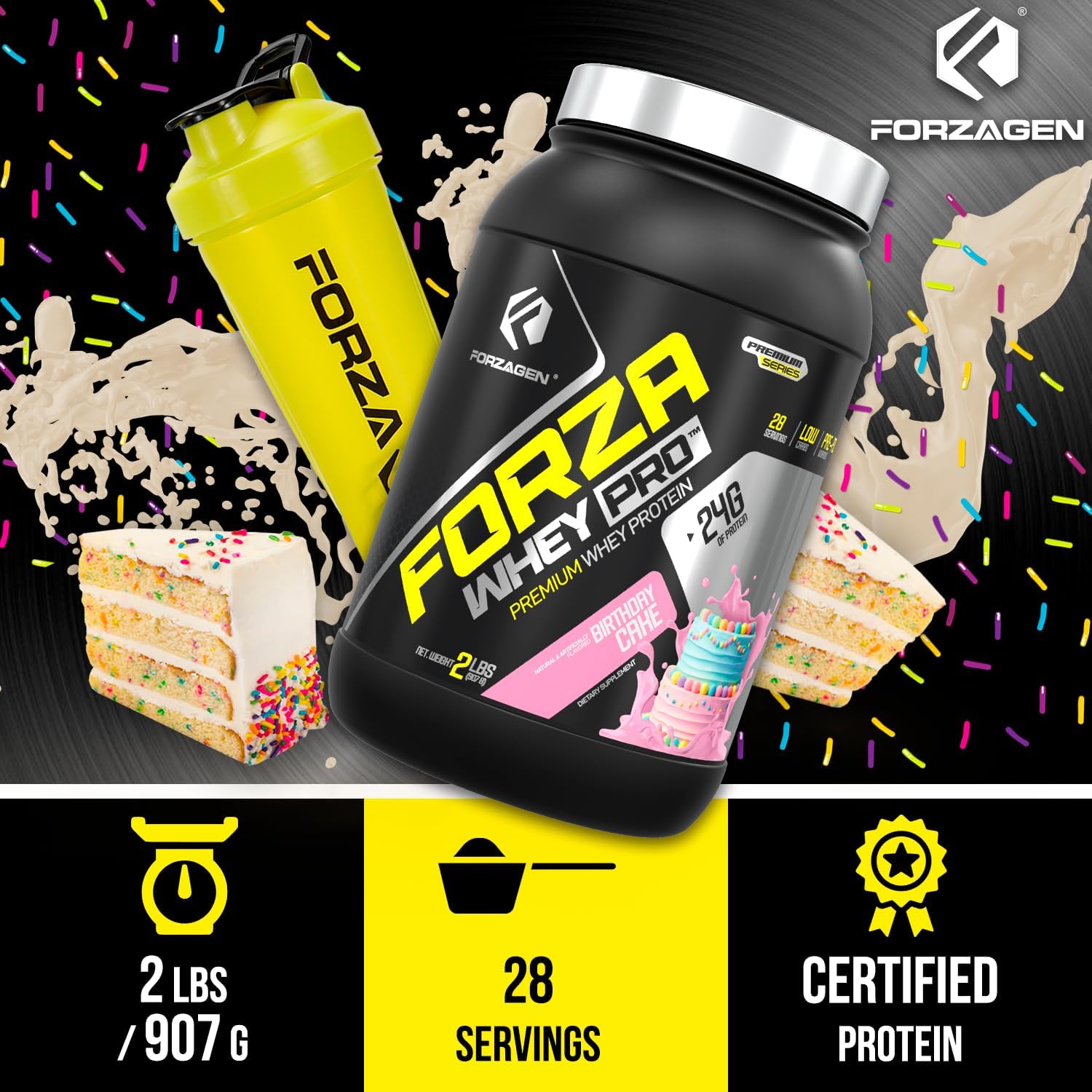 Forzagen Whey PRO Low Carb Protein Powder Birthday Cake Flavor | 24g Protein per Serving, Gluten Free, No Added Sugar | 2 lbs. (28 Servings)