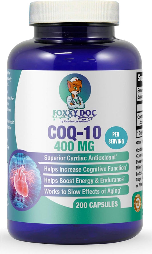 Foxxy Doc CoQ10 - 400mg per 2 Capsules - 200 Vegetarian Capsules - Non-GMO - Heart, Brain, and Cell Support - Affordable Price - 100 Day Supply