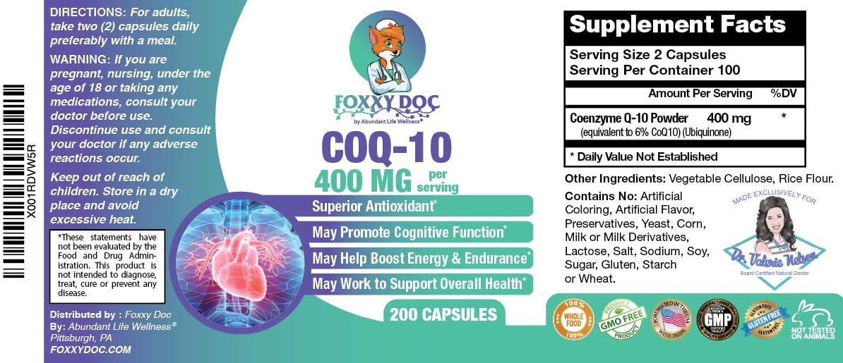 Foxxy Doc CoQ10 - 400mg per 2 Capsules - 200 Vegetarian Capsules - Non-GMO - Heart, Brain, and Cell Support - Affordable Price - 100 Day Supply
