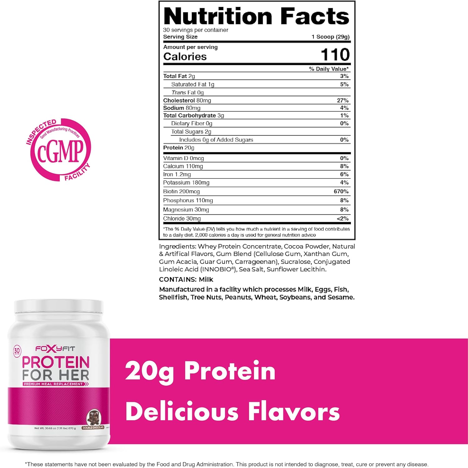 FoxyFit Double Chocolate Whey Protein Powder for Women with CLA and Biotin (1.91 lbs) - Promotes Healthy Glow