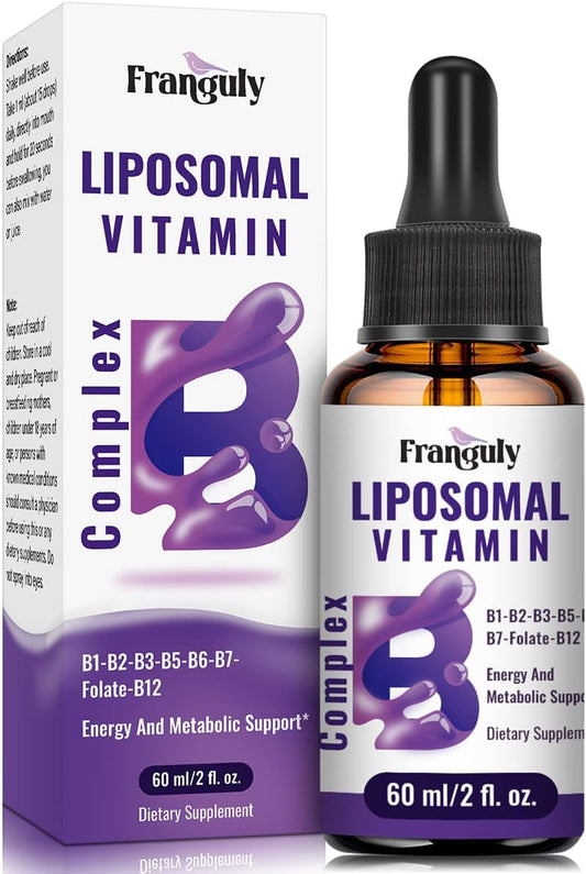 Franguly Liposomal Vitamin B Complex Liquid Sublingual Supplement for Energy & Immune Support - 2.0 oz, Men & Women, Methylated B12, B1, B2, B3, B5, B6, Folate, Biotin - Improved Absorption