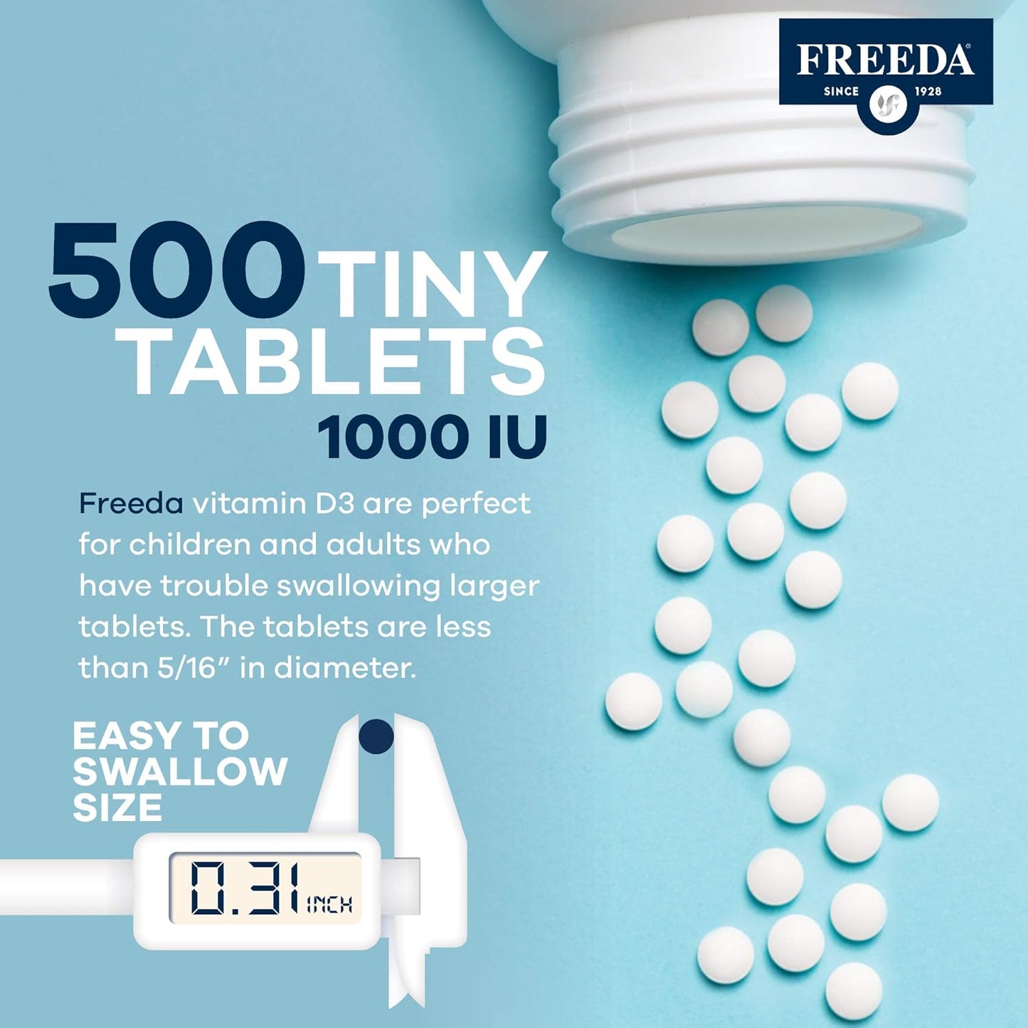 FREEDA Vitamin D3-1000 IU Tablets - High Potency Kosher Supplement for Bone, Muscle Health & Immune Support - 500 Count