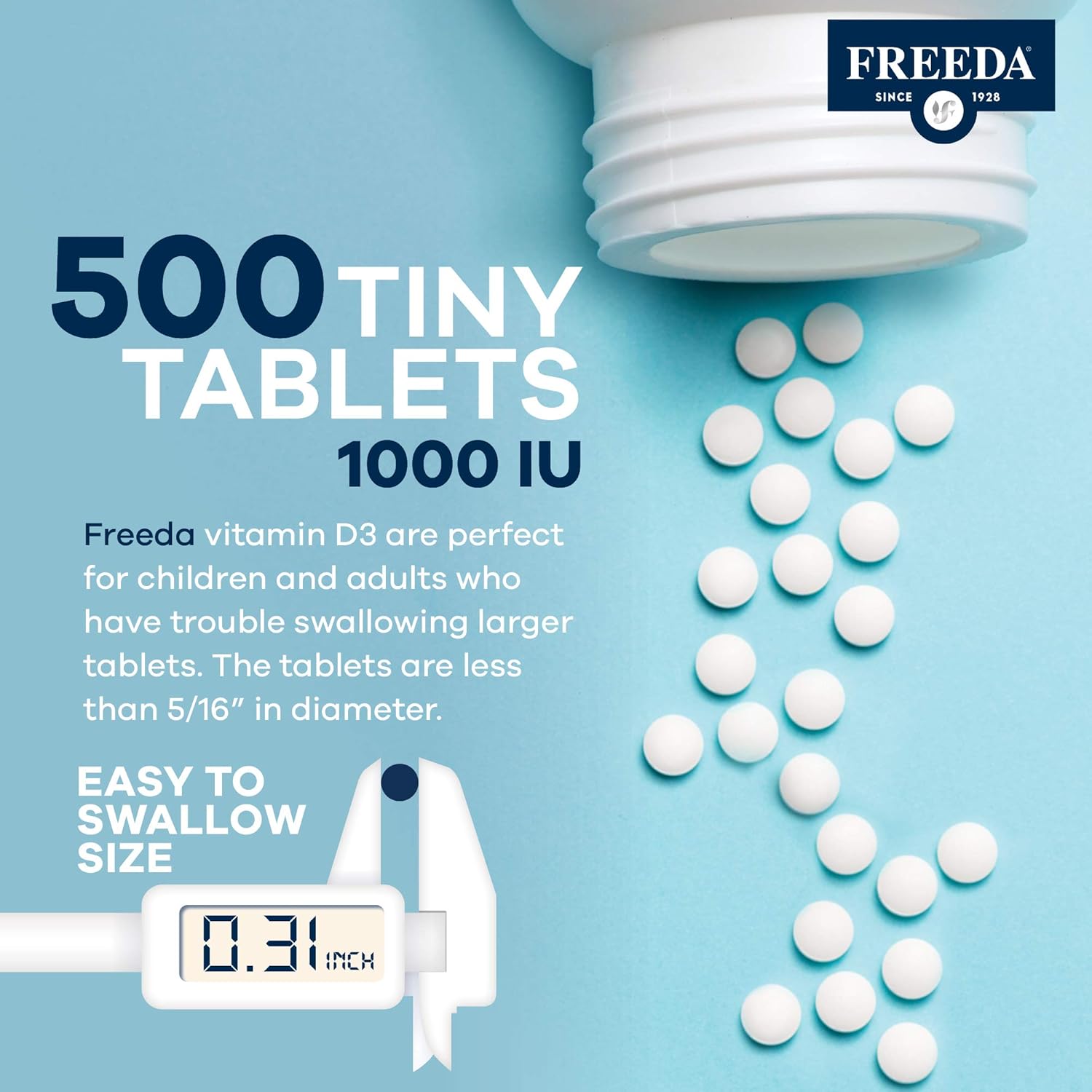 FREEDA Vitamin D3-1000 IU Tablets - High Potency Kosher Supplement for Bone, Muscle Health & Immune Support - 500 Count