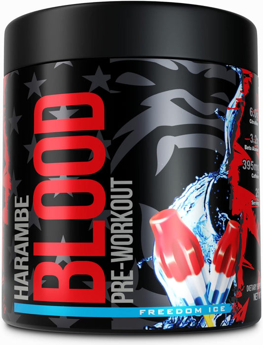 Freedom Ice Harambe Blood Pre Workout Powder - Strong High Stim Supplement with 395mg Caffeine & Dynamine for Men & Women - Best Preworkout for Energy, Focus, and Pump