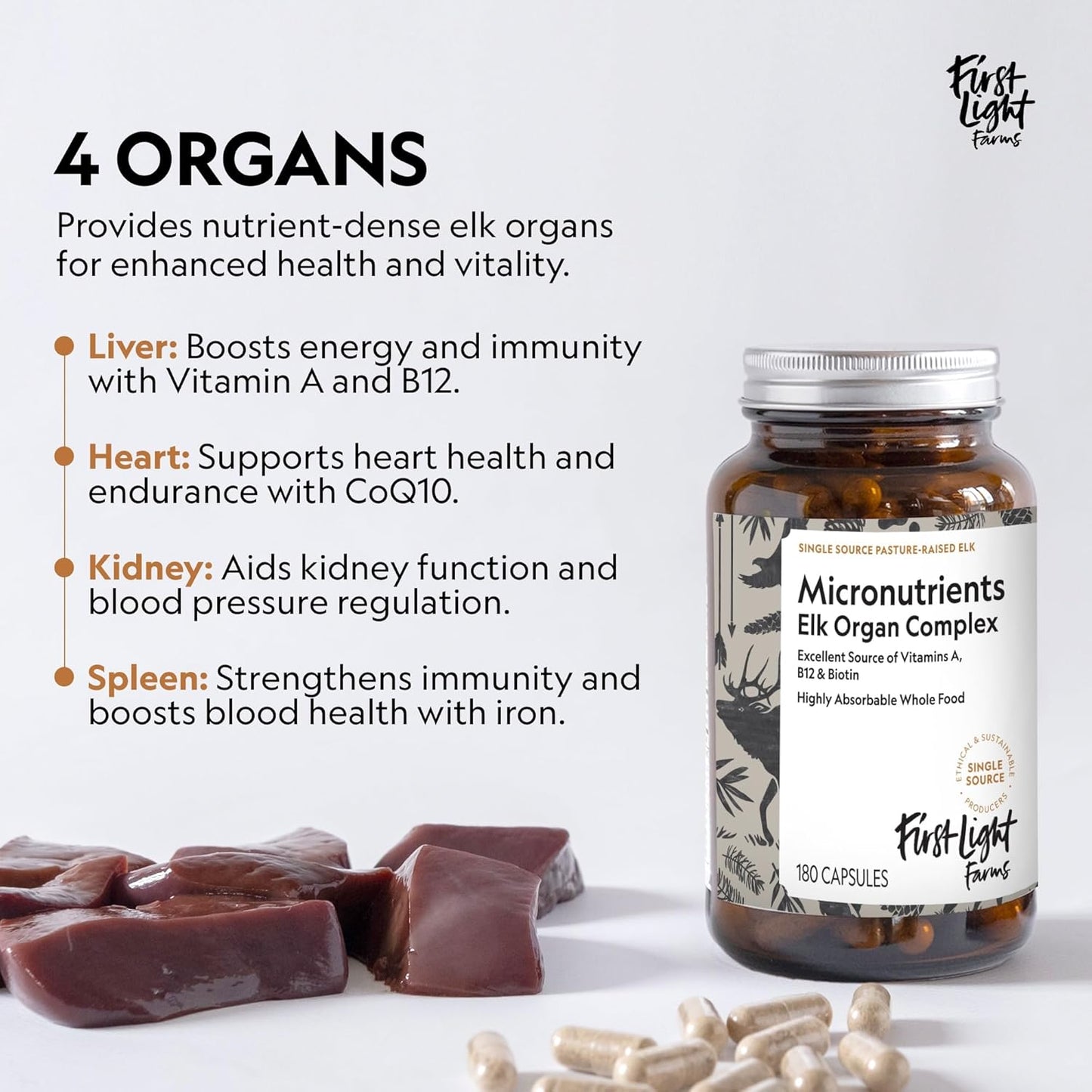 Freeze-Dried Elk Organ Meat Supplements | Whole Food Nutrition with Liver, Heart, Kidney & Spleen | 3000mg Per Serving, 180 Capsules | 100% Grass-Fed, Certified Humane by First Light Farms