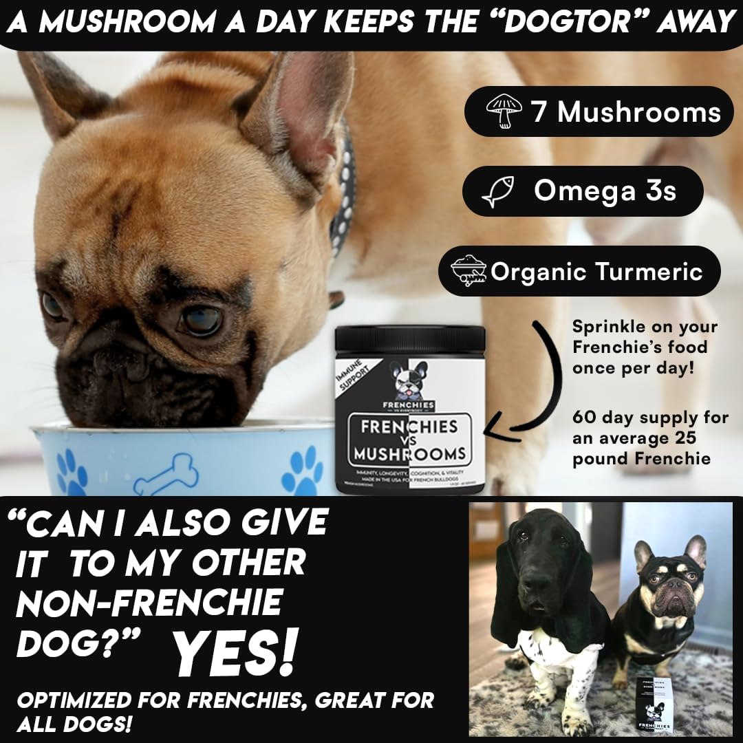 French Bulldog Immune Support Supplement with Turkey Tail Mushroom, Omega-3, and Turmeric - Boost Digestion, Allergies, and Longevity - Mushroom Powder Topper for Dogs
