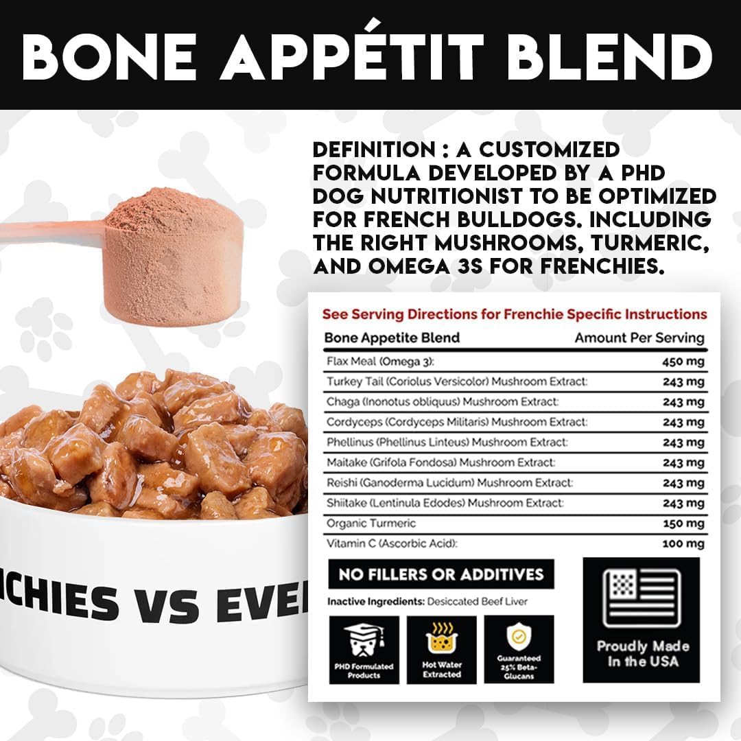 French Bulldog Immune Support Supplement with Turkey Tail Mushroom, Omega-3, and Turmeric - Boost Digestion, Allergies, and Longevity - Mushroom Powder Topper for Dogs