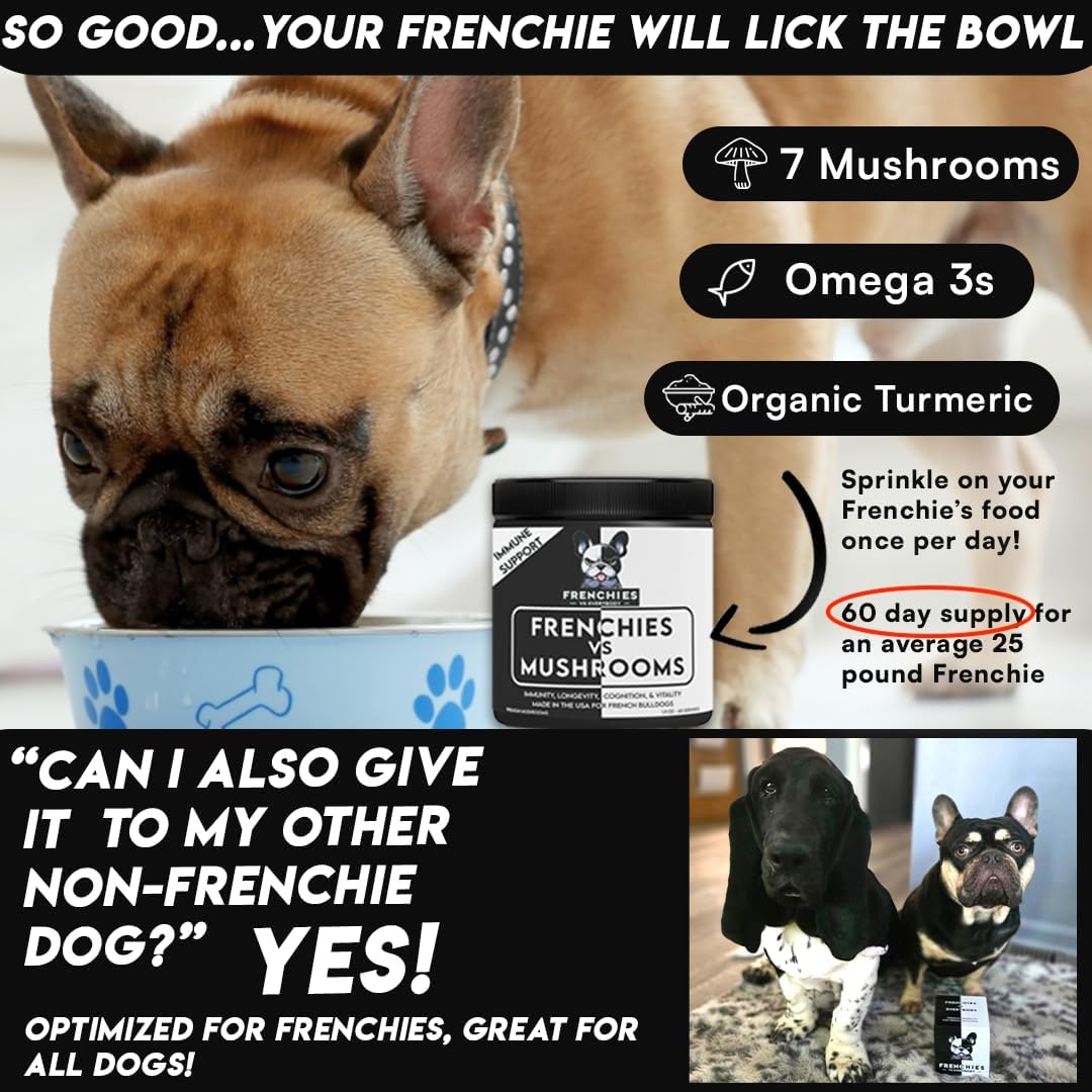 French Bulldog Immune Support Supplement with Turkey Tail Mushroom, Omega-3, and Turmeric - Boost Digestion, Allergies, and Longevity - Mushroom Powder Topper for Dogs