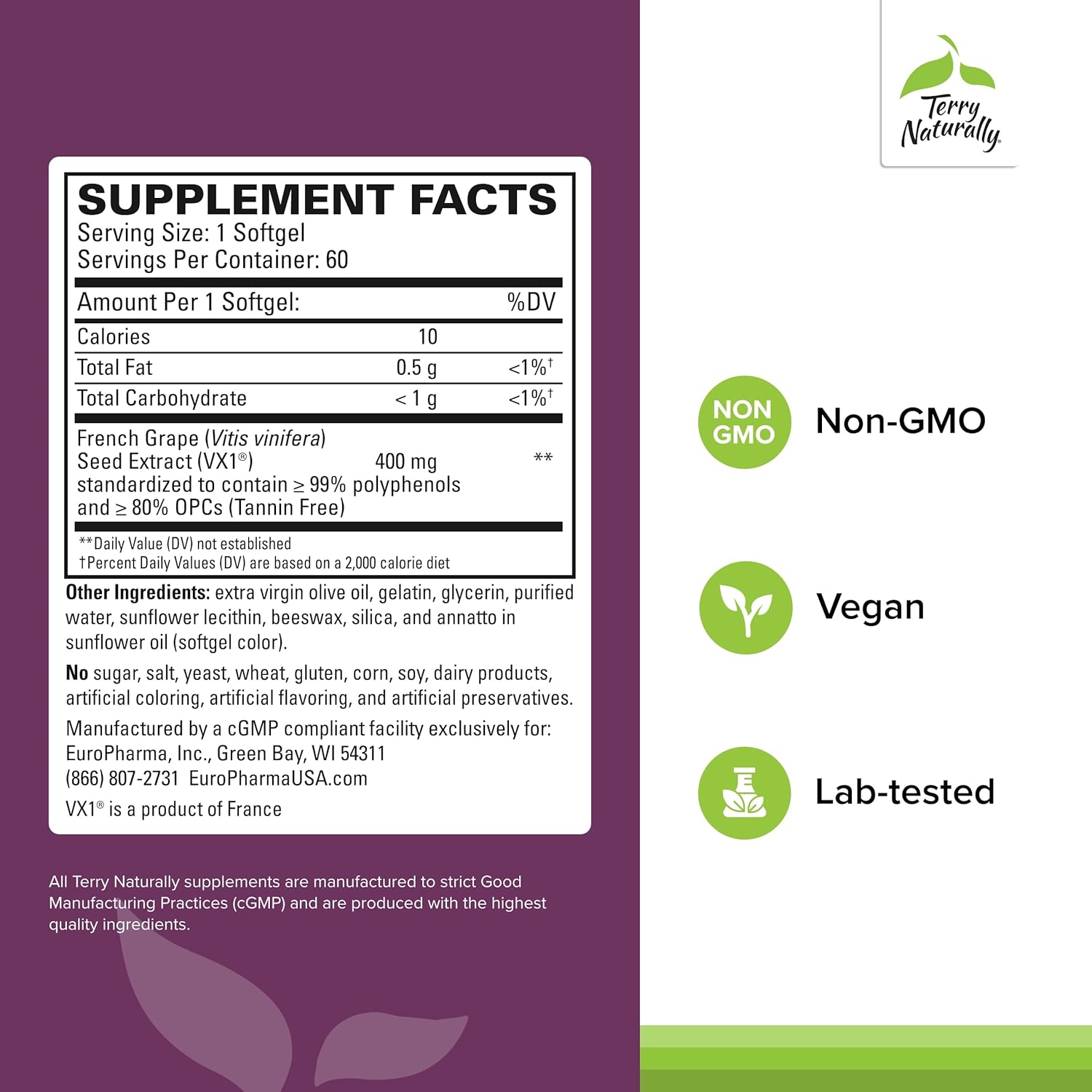 French Grape Seed Extract Supplement - Terry Naturally OPC Extra Strength Softgels - Non-GMO, Gluten Free - 60 Servings