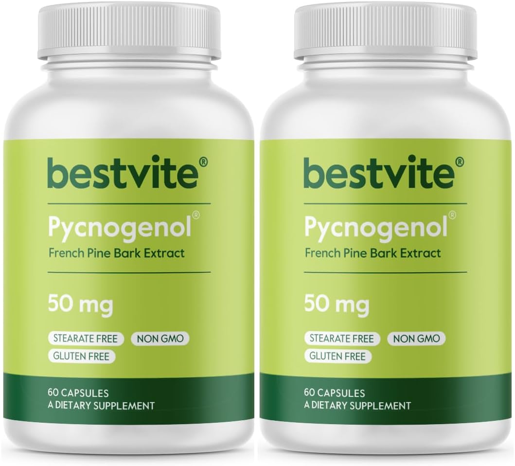 French Maritime Pine Bark Extract Capsules 50mg - 120 Count (60x2) - High Quality Pycnogenol Supplement - No Stearates - Gluten Free - Non GMO