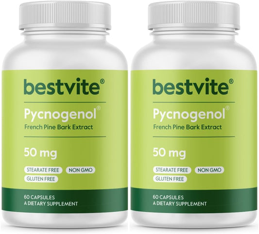 French Maritime Pine Bark Extract Capsules 50mg - 120 Count (60x2) - High Quality Pycnogenol Supplement - No Stearates - Gluten Free - Non GMO