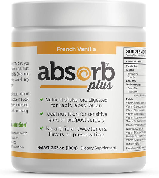 French Vanilla Absorb Plus Isolate Protein - Non-GMO, Gluten-Free, Lactose-Free, Casein-Free Diet Supplement for Gut Health & Nutritional Support (100 g)